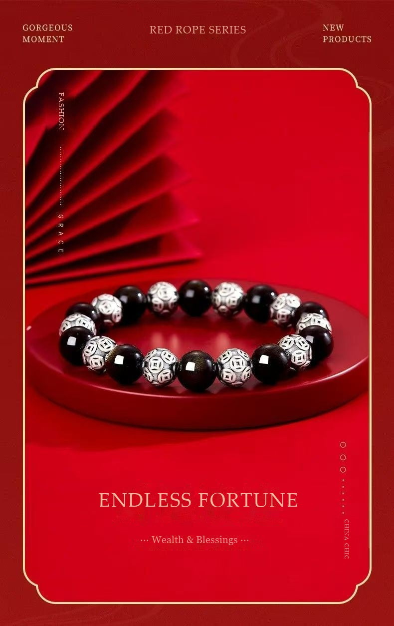 Endless Fortune Bracelet – Gold Obsidian & Fine Silver Coin Beads