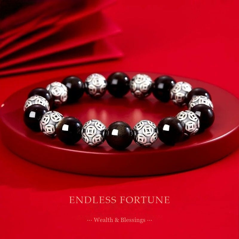 Endless Fortune Bracelet – Gold Obsidian & Fine Silver Coin Beads