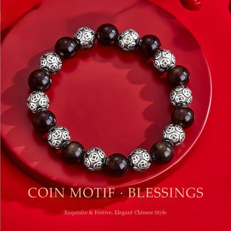 Endless Fortune Bracelet – Gold Obsidian & Fine Silver Coin Beads