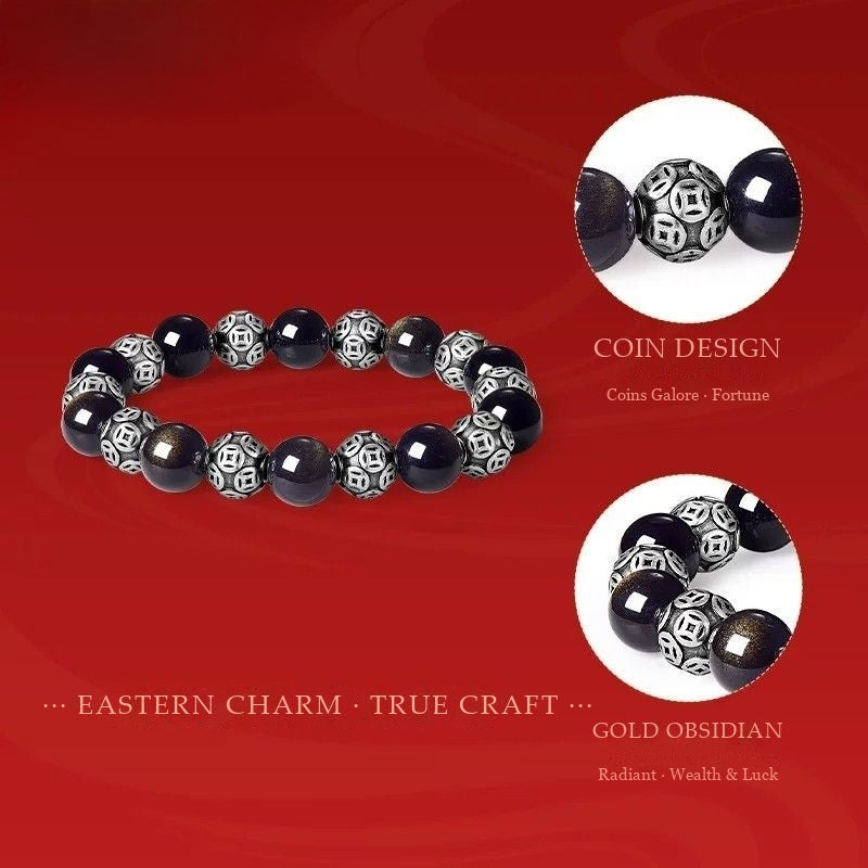 Endless Fortune Bracelet – Gold Obsidian & Fine Silver Coin Beads