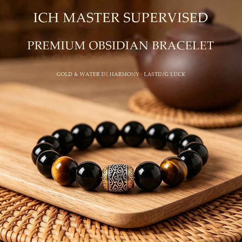 Premium obsidian bracelet floating view showing full bead circle and auspicious cloud center piece