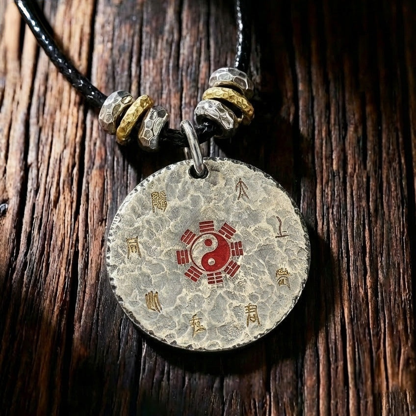 Taoist Taiji Bagua Round Talisman Pendant – Vintage Silver-Plated Neo-Chinese Protection Necklace
