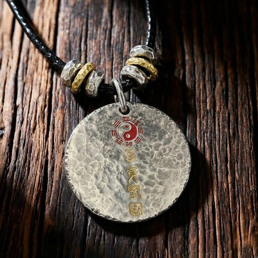 Taoist Taiji Bagua Round Talisman Pendant – Vintage Silver-Plated Neo-Chinese Protection Necklace