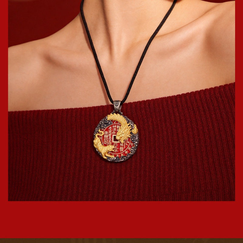 Taoist Dragon & Tiger Shan Gui Amulet Coin Pendant – Bagua Talisman Necklace for Protection & Balance
