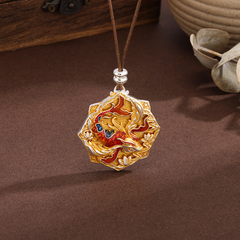 Gilded Enamel Koi Double-Sided Openwork Pendant Necklace