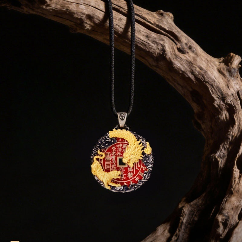 Taoist Dragon & Tiger Shan Gui Amulet Coin Pendant – Bagua Talisman Necklace for Protection & Balance
